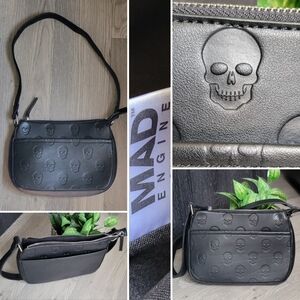 Mad Engine Monogram Skull Embossed Black Shoulder Zippered Bag, 19"
